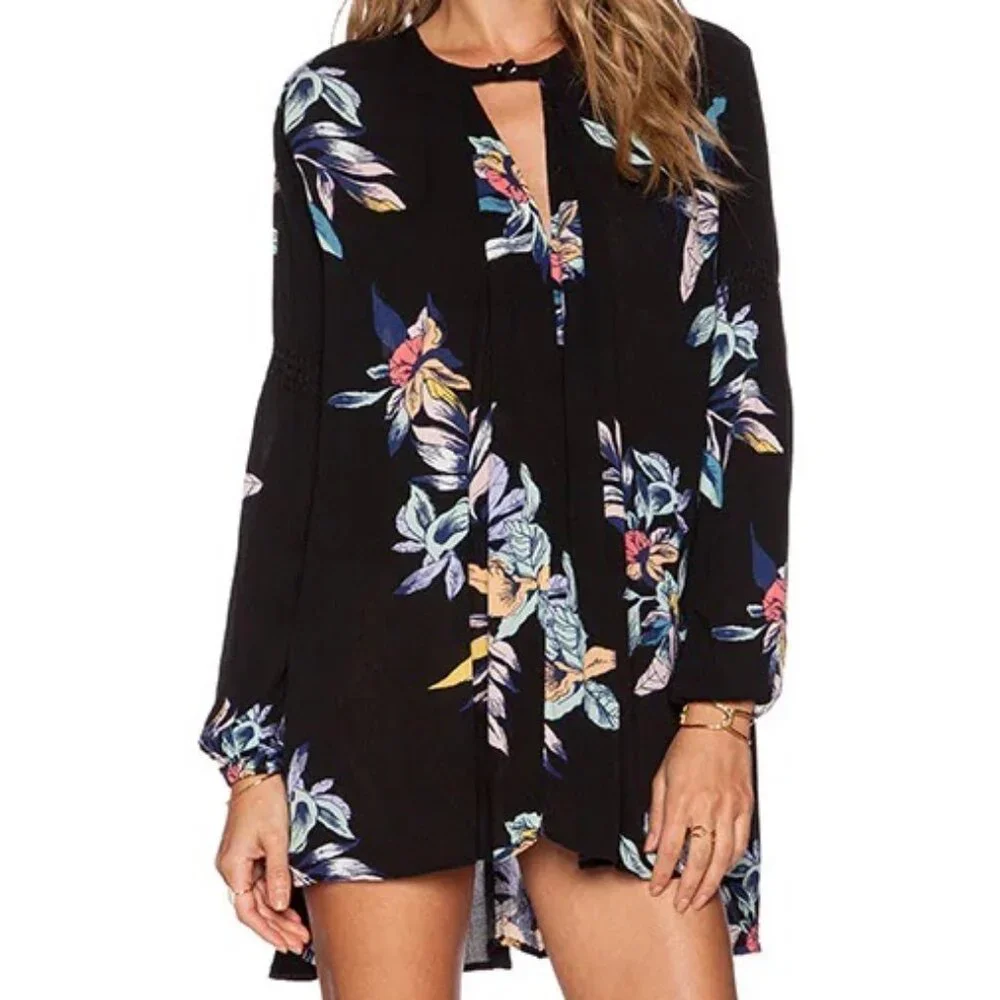 Free People Tree Swing Tunic Womens Size L Night Combo Black Floral Fairy NWT - Picture 1 of 9